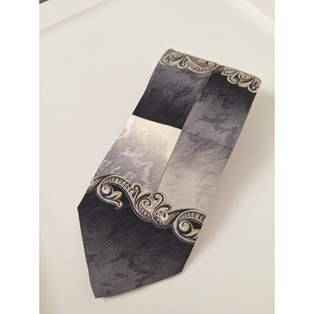 Bachrach Black Gray Silver Geometric Silk Tie Men’s Hand Made Necktie 58" Italy